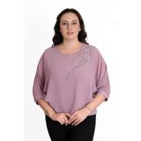 missrose Kadın Büyük Beden Sandy Kumaş Şifon Taş Detaylı Bluz PUDRA 48