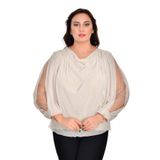 missrose Kadın Büyük Beden Sandy Kumaş Üstü Şifon Kollar Degaje Yaka İnci ve Taş Aksesuarlı Bluz BEJ 48