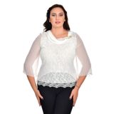 missrose Kadın Büyük Beden Şifon Kumaş İçi Dantelli Degaje Yaka Broşlu Bluz BEYAZ 48