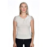 missrose Kadın Sandy Kumaş Kollar ve Yaka Dantelli İnci Broşlu Bluz BEJ XL