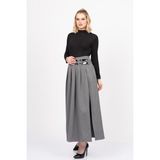MissVina Elegancebelt Slit Skirt – Premium Pileli & Yırtmaçlı Etek 6829 - Gri Melanj - 42