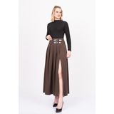 MissVina Elegancebelt Slit Skirt – Premium Pileli & Yırtmaçlı Etek 6829 - Kahve - 36