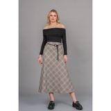MissVina Hasır Kemer Dokuma Kare Desen Yüksek Bel Etek 6834 - 40