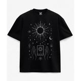 Mistik Güneş Ay Hilal ve Tarot Kartı The Sun Baskılı Siyah Unisex Tişört - XL