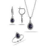 Mistik Topaz Taşlı Damla Mini Rodyumlu Gümüş Set 2310