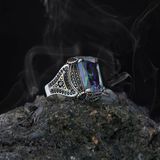 Mistik Topaz Ve Zirkon Taşlı Motifli Gümüş Erkek Yüzük