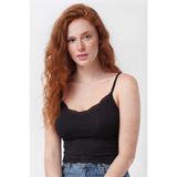MİSTİRİK Dubara Model Dantel Detaylı Pamuklu Body Crop Askılı Comfort Rahat Kesim Siyah Renk