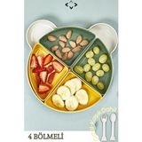 Mithra Life 4 Bölmeli Çıkarılabilir Ayıcık Desenli 7 Parça Mama Yemek Tabağı Ve Çatal Kaşık Seti Bpa Free Yeşil