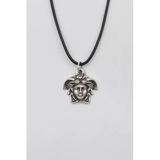 Mitologjik Medusa Siyah Deri İp Kolye - Antik Gümüş Kaplama - Kadın Erkek - 60 Cm