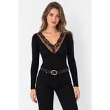 Mitsoli Kadın Siyah Dantel Detaylı V Yaka Uzun Kollu Slim Fit Bluz