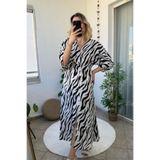 Mivida Bel Lastikli Siyah Beyaz Zebra Desen Uzun Elbise
