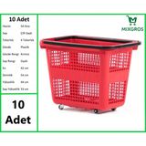Mixgros Tekerlekli Plastik Market Alışveriş El Sepeti 54 Litre Kırmızı 10 Adet