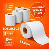MixmioLife Barkod Etiketi Mini Termal Yazıcı Kağıdı Kendinden Yapışkanlı Aralıksız 57 mm x 2,5 M - 5 Adet