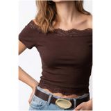 Mixray 2160 Kadın Madonna Yaka Dantel Detaylı Crop Bluz Kahve