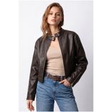 Mixray 2217 Kadın Dik Yaka Fermuarlı Deri Biker Ceket Kahve
