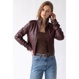 Mixray 2222 Kadın Dik Yaka Korse Dikişli Deri Ceket Bordo
