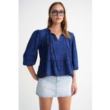 Mixray 4704 Kadın Fırfırlı Balon Kol Kısa Denim Bluz Lacivert