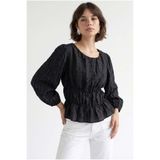 Mixray 4873 Kadın Büzgü Detaylı Balon Kol Peplum Bluz Siyah