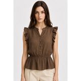 Mixray 4921 Kadın Volanlı Hakim Yaka Jakarlı Peplum Bluz Kahve