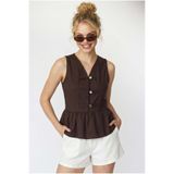 Mixray 4940 Kadın Poplin Volanlı Kolsuz Peplum Bluz Kahve