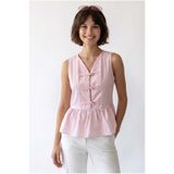 Mixray 4940 Kadın Poplin Volanlı Kolsuz Peplum Bluz Pembe