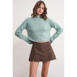 Mixray 6854 Kadın Dik Yaka Bütün Crop Triko Kazak Mint