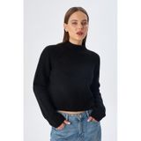 Mixray 6854 Kadın Dik Yaka Bütün Crop Triko Kazak Siyah Siyah
