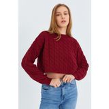 Mixray 6863 Kadın Saç Örgülü Crop Triko Kazak Bordo