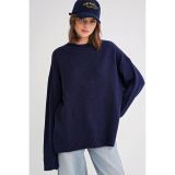 Mixray 6913 Kadın Salaş Yumuşak Dokulu Oversize Triko Kazak Lacivert