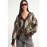 Mixray 6937 Kadın Baklava Desenli Oversize Triko Hırka Haki