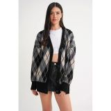Mixray 6937 Kadın Baklava Desenli Oversize Triko Hırka Siyah Siyah
