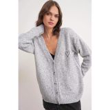 Mixray 6953 Kadın Oversize Yün Karışımlı Premium Kalp Nakışlı Hırka Gri Gri