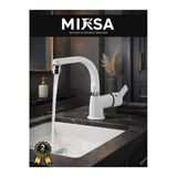 Mixsa Beyaz-Krom Armut Balıksrıtı Borulu Oynar Başlıklı Perlatörlü Banyo Lavabo Bataryası, Çiftsugirişli