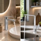 Mixsa Krom Lüx Premium 2'li Set Banyo Lavabo Bataryası ve Kare Mutfak Bataryası Şık Tasarım Özgün Model Batarya - Gri