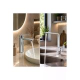 Mixsa Krom Lüx Premium 2'Li Set Banyo Lavabo Bataryası Ve Kare Mutfak Bataryası Şık Tasarım Özgün Model Batarya