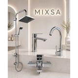 Mixsa Krom Robot Duş Seti Kare Banyo Bataryası-Lavabo-Mutfak Bataryası 4'lü Set Lüx Tasarım Premium Batarya
