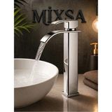 MİXSA Krom Şelale Lavabo Bataryası Uzun Çanak Lavabo Musluğu Modern Çift Su Girişli Banyo Musluğu