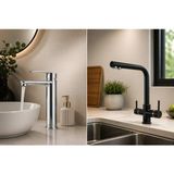 Mixsa Lüx 2'li Set Krom Sabit Lavabo Bataryası ve 3 Yollu Arıtma Musluğu Mutfak Bataryası Çeşmesi Musluğu