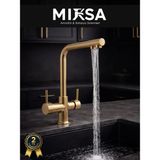 Mixsa Lüx Arıtmalı Gold 3 Yollu Mutfak Eviye Bataryası Musluğu (Sıcak-Soğuk Girişli, Pirinç Malzeme) - Altın