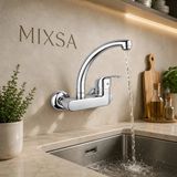 Mixsa Lüx Duvardan Çift Su Girişli Mutfak-Banyo Lavabo Bataryası Çeşmesi Musluğu - Gri