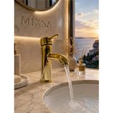 Mixsa Lüx Gold Premium Sabit Lavabo Bataryası Pirinç Ağır Gövde Çift Su Girişli Lüx Lavabo Bataryası Çeşmesi Musluğu - Altın