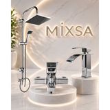 Mixsa Lüx Krom Robot Duş Seti Kare Banyo Bataryası Premium Şelale Akışlı Lavabo Bataryası 3'lü Set