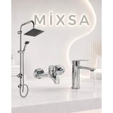MİXSA Lüx Premium Krom Robot Duş Seti Banyo Bataryası Sabit Lavabo Bataryası 3'lü Set Modern Tasarım