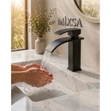 MİXSA Mat Siyah Lavabo Bataryası - Şelale Akışlı Modern Banyo Musluğu Sabit Lavabo Çift Su Girişli