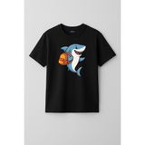 Mixxi Fashion Okula Giden Köpekbalığı - School Shark Kısa Kollu Baskılı Unisex Çocuk Tişört (4-13 Yaş) - Siyah - 6 - 7 Yaş