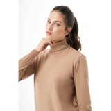 Mizalle Balıkçı Yaka Broş Detaylı Camel Uzun Triko Kazak