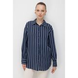 Mizalle Çizgili Oversize Lacivert Viskon Gömlek - XL