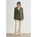 Mizalle Kadın Oversize Haki Blazer Ceket Çift Yırtmaçlı Yumuşak Polyester Tasarım