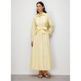 Mizalle Premium Saf Pamuk Piliseli Uzun Elbise, XL, M2MZ1030120338, Sarı, Kadın