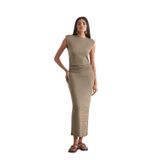 Mizalle Yan Büzgü Detaylı Vatkalı Uzun Kolsuz Vizon Bodycon Elbise